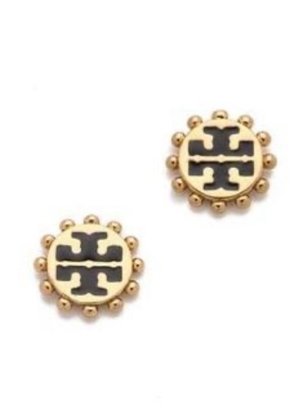 Tory Burch Winslow Gold and Black Logo Beaded Disc Stud Earrings